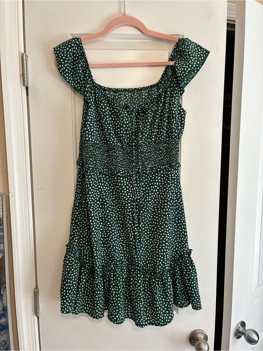 Smocked Green Dot Mini Dress with Ruffle Straps